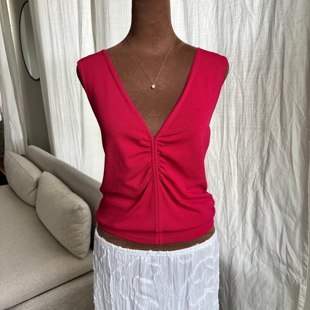 2000s Vintage Nine & Company Hot Pink Ruched V-Neck‎ Tank Top Y2K Size Large